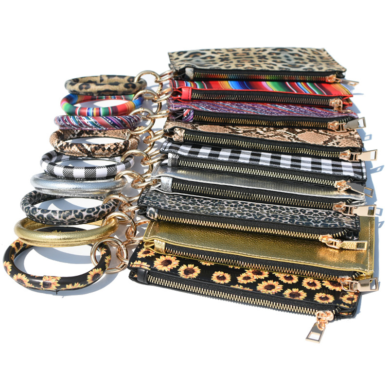 

PU Keychain Bracelet Wallet Woman Handbag Leather Tassel Pendant Leopard Sunflower Print Bracelet Ladies Bag