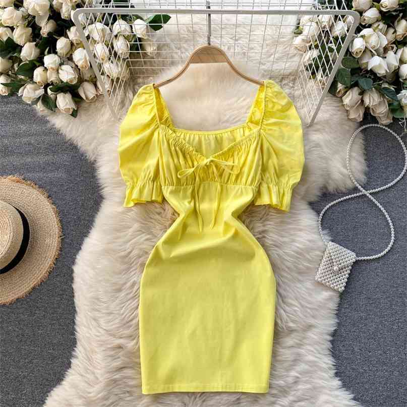 

French Style Women Summer Dress Tie Up V-neck Puff Sleeve Mini Square Collar Vintage Sexy Party Vestido 210603, Purple