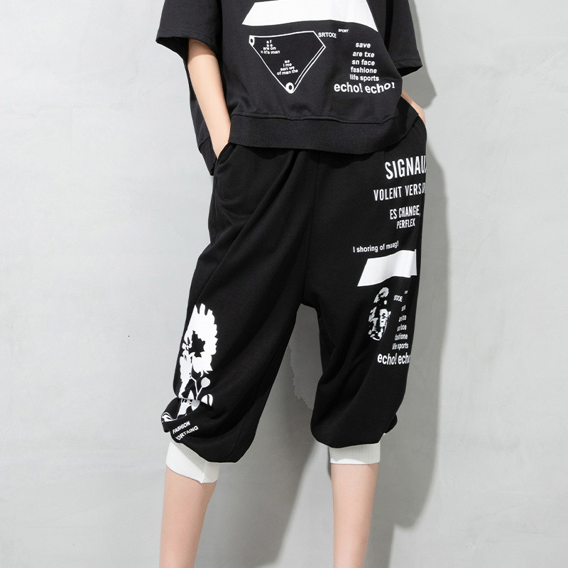 

pants trousers dark black 2021 summer dress elastic waist personalized printing harem street fashion capris 216016, Black;white