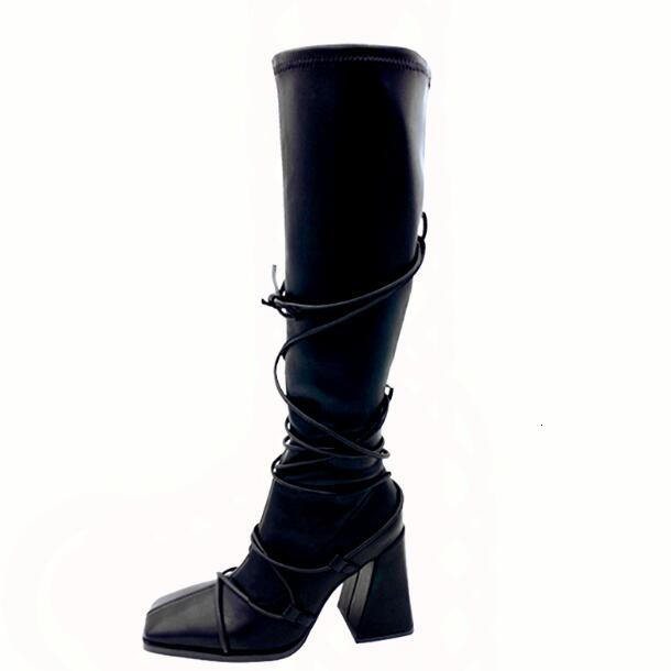 

boots dipsloot woman fashions toe square knee high boots nine inches thick heels cross lace to thin leg long tube shoes yens, Black