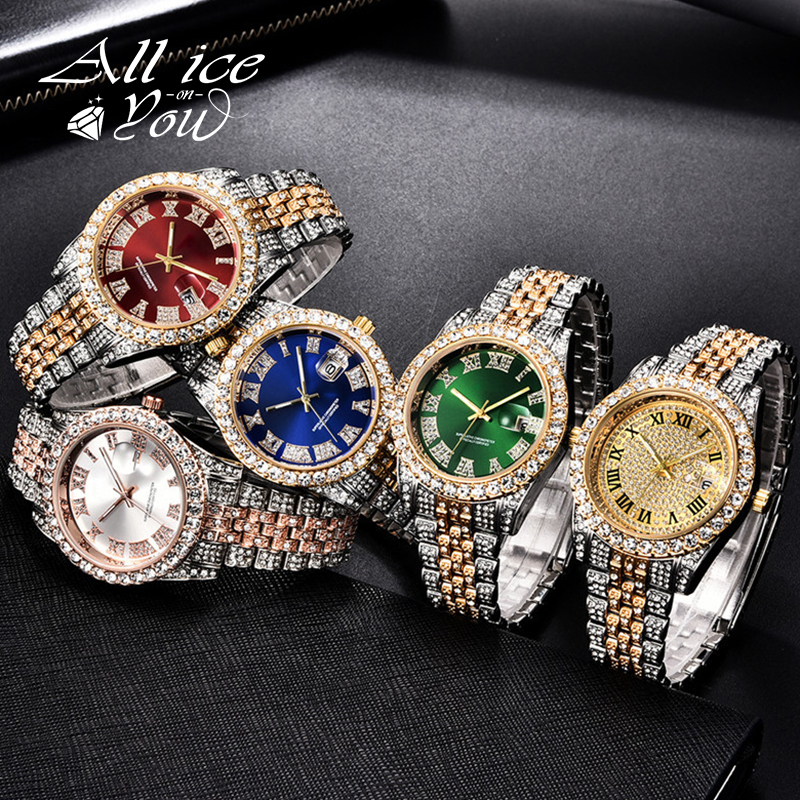 

ALLICEONYOU New Gold Silver Color Cubic Zirconia Watches Hip Hop Fashion High Quality Diamond Bracelet Stainless Steel For Giftg