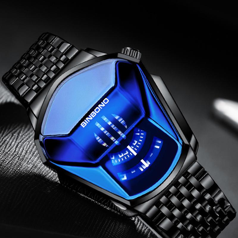 

Wristwatches Relogio Masculino Waterproof Mens Watches Geometric Locomotive Design Quartz Watch For Men Black Stainless Steel Male Clock 202