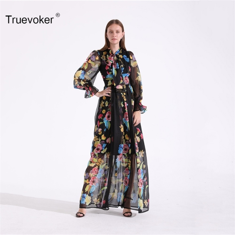 

Truevoker Autumn Designer Maxi Dres' High Quality Vintage Bow Collar Puff Sleeve Multicolor Floral Printed Long 210602, Blue