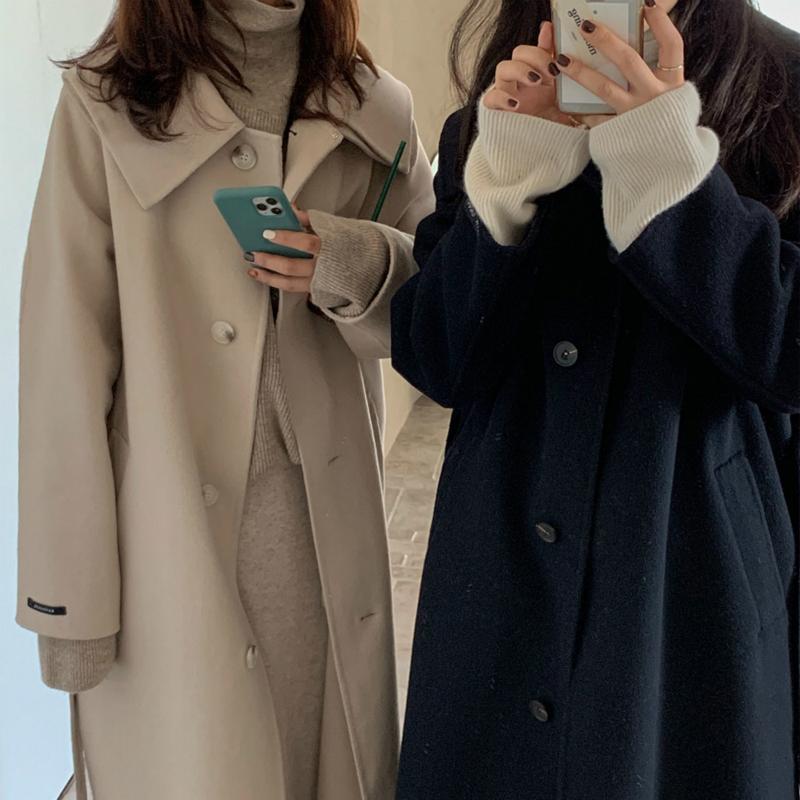 

Women's Wool & Blends 2021 Winter Age Reduction Handmade Double Faced Long Coat Women Single Breasted Lacing Belt Plus Size Woolen Overcoat, Beige