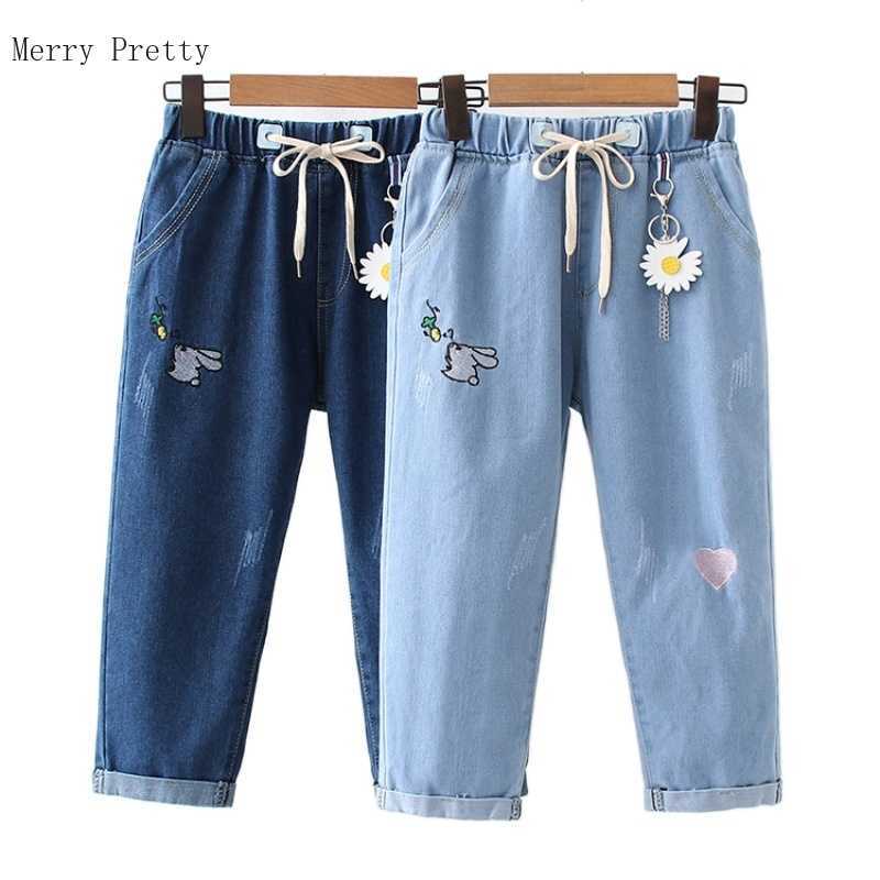 

Women Calf Length Denim Pants Summer Cartoon Rabbit Embroidery Washed Casual Jeans Elastic Waist Ladies Kawaii Trousers 210526, Blue