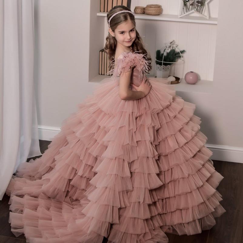 

Girl's Dresses Cute Pink Ball Gown Flower Girl For Wedding Beaded Feather Tiered Ruffles Toddler Girls Pageant Dress Kids Formal Wear, Ivory