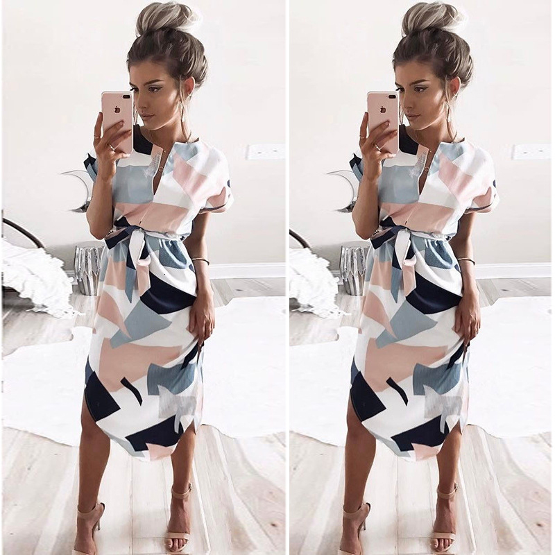 

2021 New Summer Print Es Women O-neck Short-sleeved Tunic Beach Ladies Sexy Elegant Bandage Evening Party Vestidos E1rw, Color1
