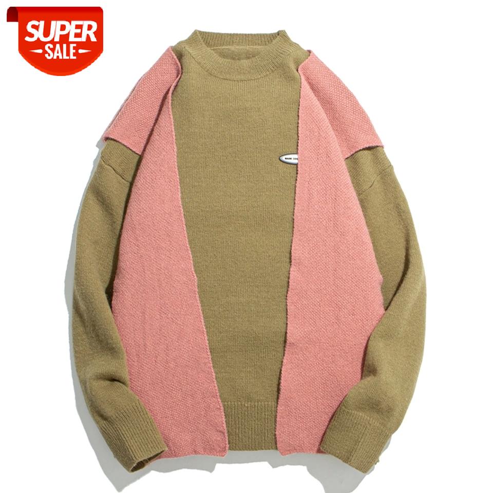 

2020 Hip Hop Fake Two Color Block Patchwork Knitted Sweater Mens 2020 Harajuku Jumper Sweater Oversize Pullover Tops Cotton #9x1W, White;black