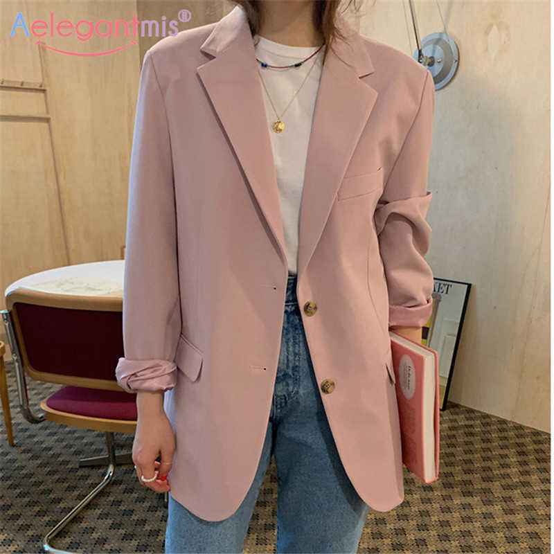 

Aelegantmis Korean Loose Pink Blazer Coat Women Office Lady Spring Chic Notched Casual Work Female Elegant Business Coats 210607