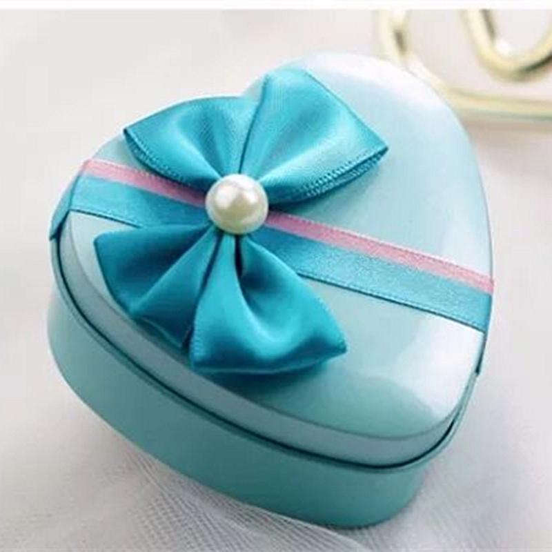 

Gift Wrap 10pcs/lot Cute Tinplate Heart Shape Wedding Candy Box With Decorative Peal Knot Beautiful Blue&Red&Purple&Pink