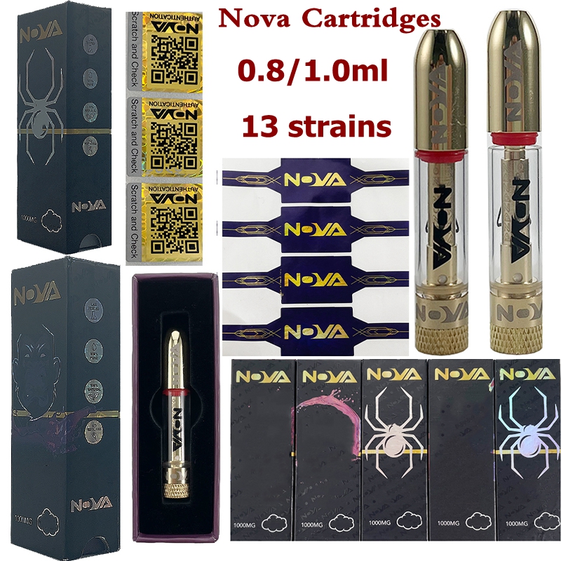 

NOVA Vape Cartridge Empty Gold Atomizers 0.8ml 1ml Ceramic Cartridges Glass Tank Thick Oil Dab Wax Vaporizer Carts E Cigarettes 510 Thread 13 Strains Wholesale