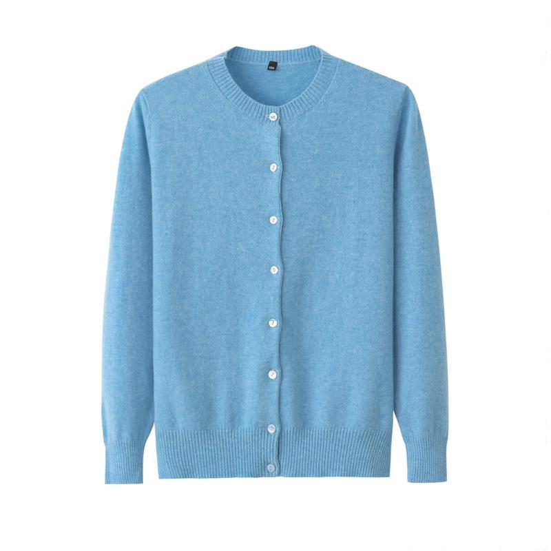 

100 pure cashmere sweater women's round neck pure color thin cardigan casual coat autumn winter sweater new style, Sky blue