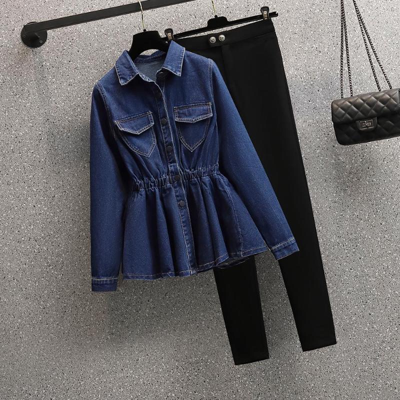 

Women's Two Piece Pants Plus Size Casual Autumn Fashion Set Denim Jacket Tops And Pencil Suits Tracksuit Outfits Big