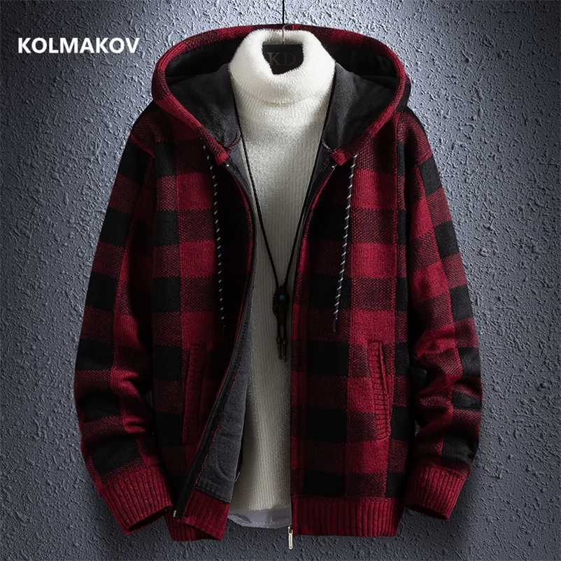 

Winter Thick Cardigan Men's Sweater Zipper Striped Hooded Fashion Warm Slim fit Knitted Sweater Male Fleece Hoodies Coats men 211018, Red