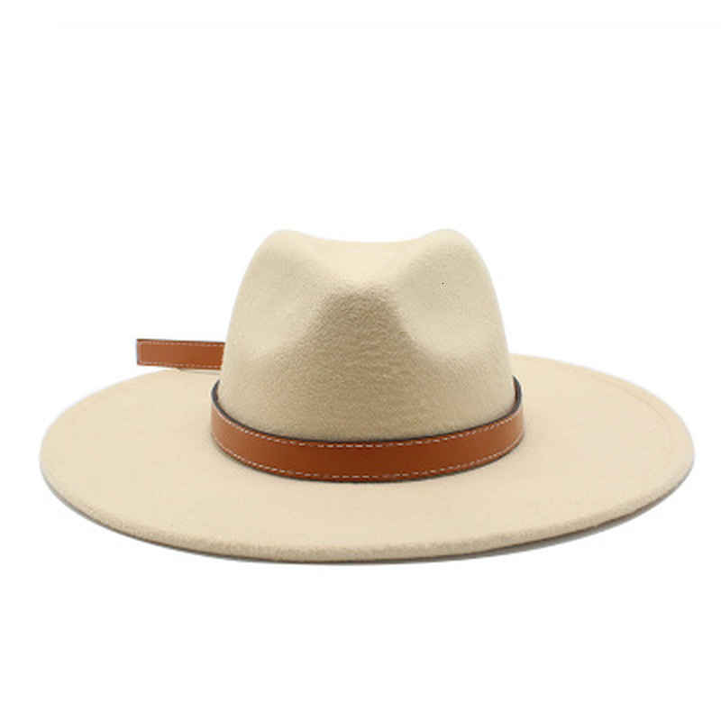 

2021 New Big Brim 9.5cm Beige Black White Winter Women Autumn Solid Band Belt Formal Church Wedding Fedora Hats Men O5y4, Camel