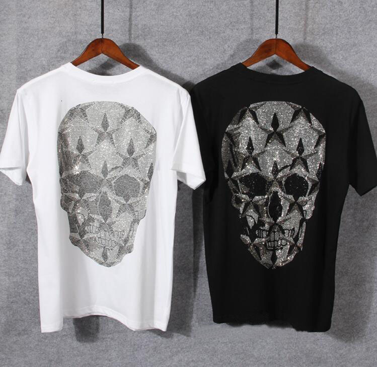 

2021 New Casual Summer Cotton Strass T-shirt with Big Skull on the Back for Men and Women Short-sleeve Couples Young Fashio Wgac, As shown in the figure