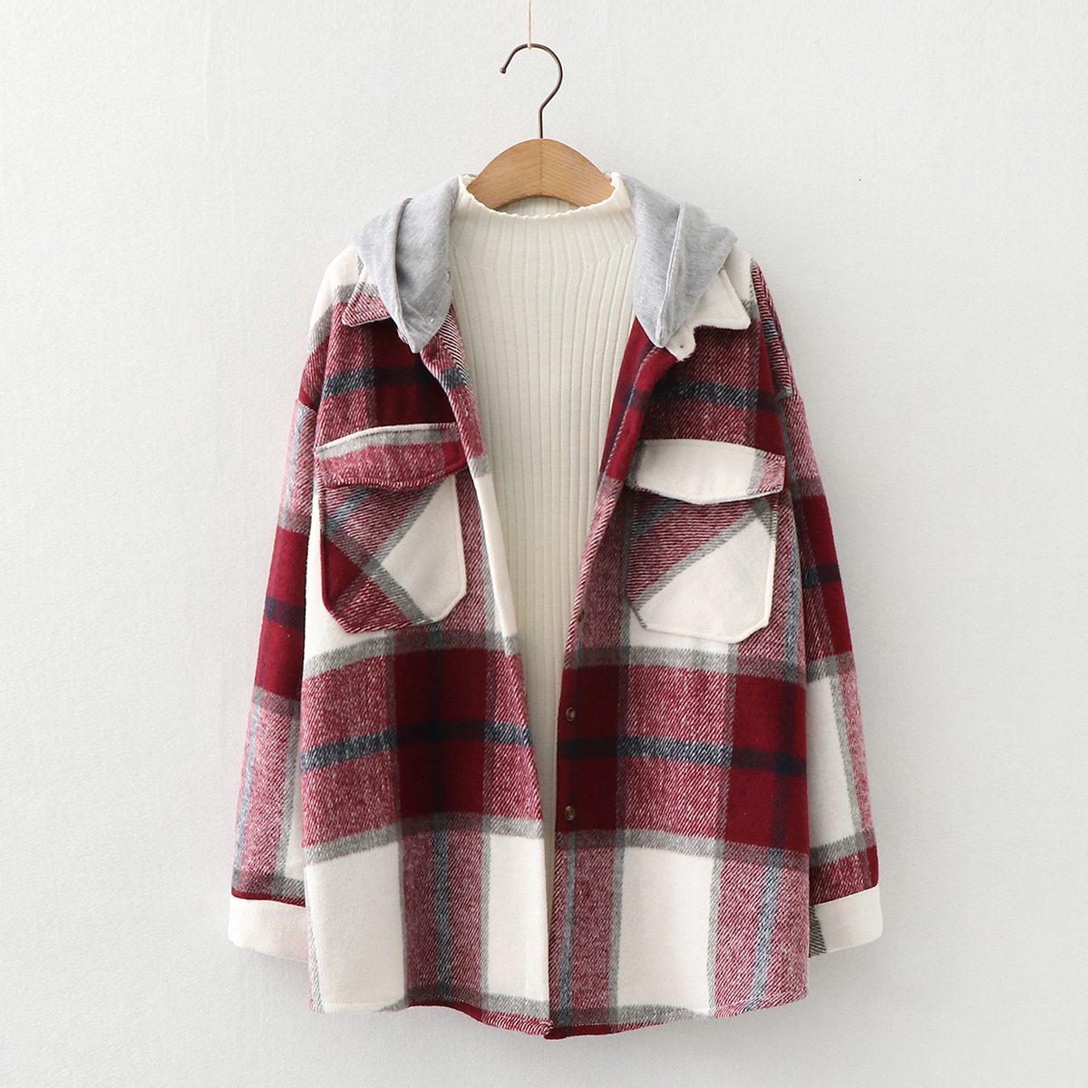 

2021 New Woolen Jackets Coat Women Plaid Shirts Long Sleeve Hoodies Tops Two Pockets Female Clothes Spring Autumn News Pmio, Yellow