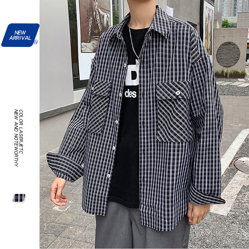 

2021 New Men's Fashion Lattice Printing Hawaiian Large Pocket Trendy Clothes Camisa Social Masculina Streetwear Shirt -5xl Aikd, Black