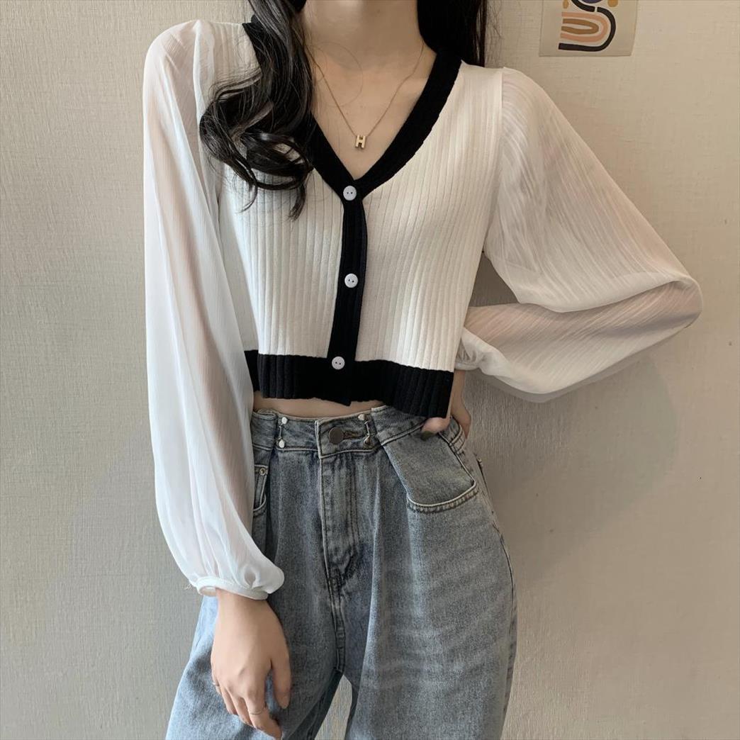 

knitted thin cropped shirts girls womens sweater patched chiffon full lantern sleeve sweaters cardigan crop female, White;black