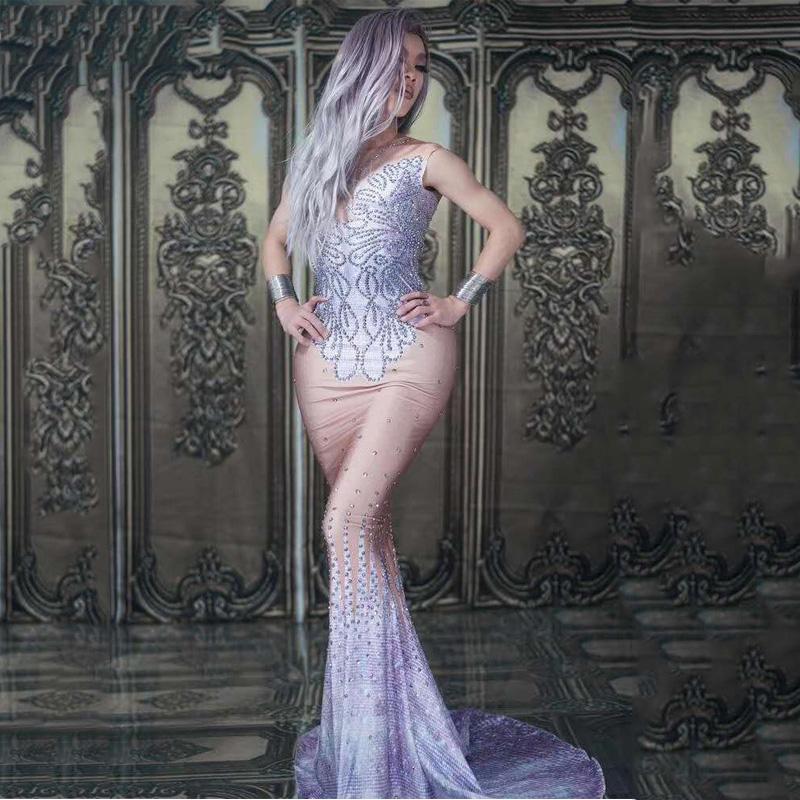 

Casual Dresses Fashion Women Sexy Sparkly Rhinestones Lycra Dress Evening Party Birthday Celebrate Nightclub Bar Female Singer Costume DT553, As picture