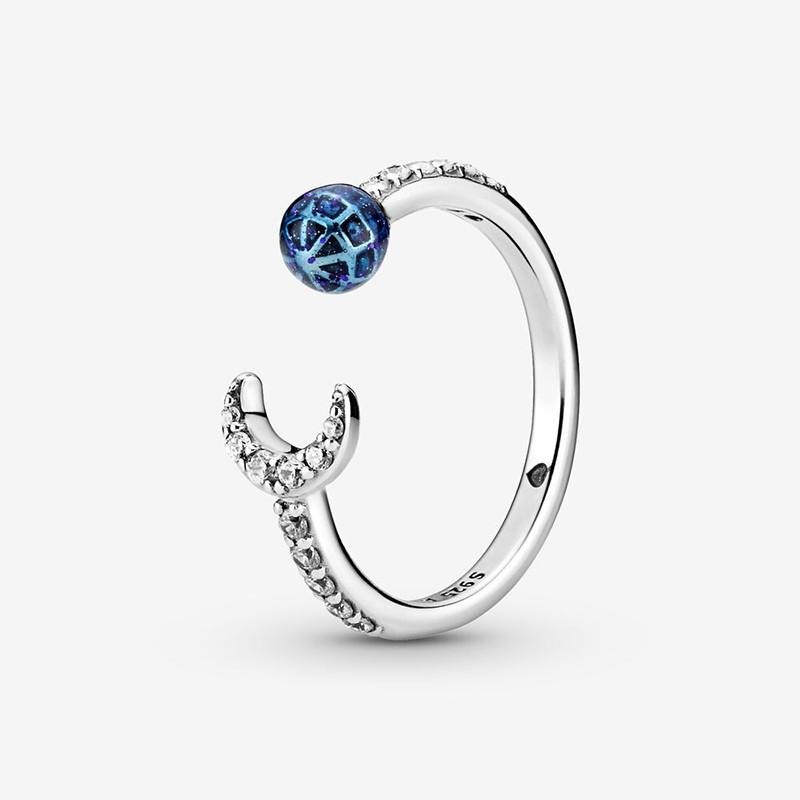 

Cluster Rings 2021 925 Sterling Silver Blue Earth And Moon Opening Pan Ring Is Suitable For Women's Gift Wedding Diy Jewelry, Golden;silver