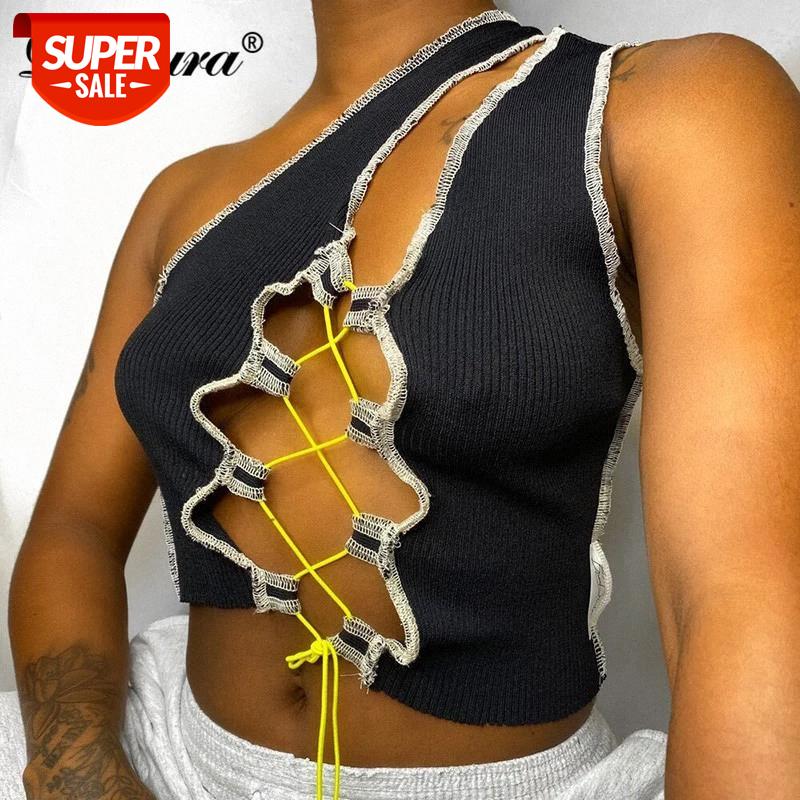 

Dulzura ribbed patchwork lace up hollow out cross women crop top tanks one shoulder elegant bodycon sexy 2020 autumn winter club #zP9L, White
