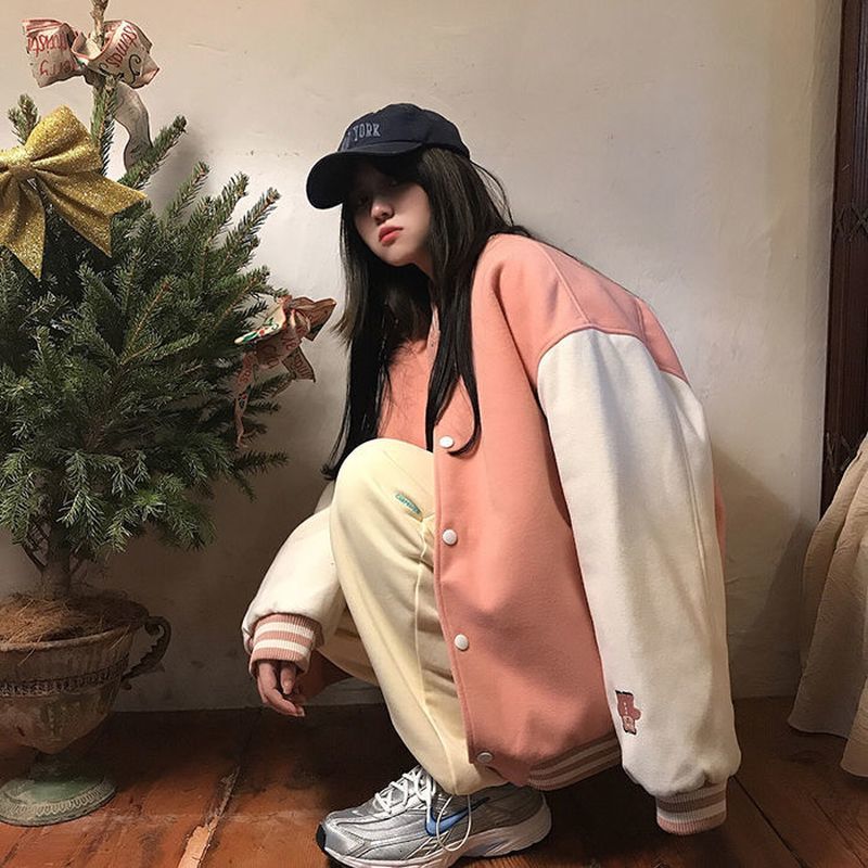 

women's jackets jacket women's spring autumn korean preppy style loose thickened bear embroidery student baseball uniform trend ka, Black;brown