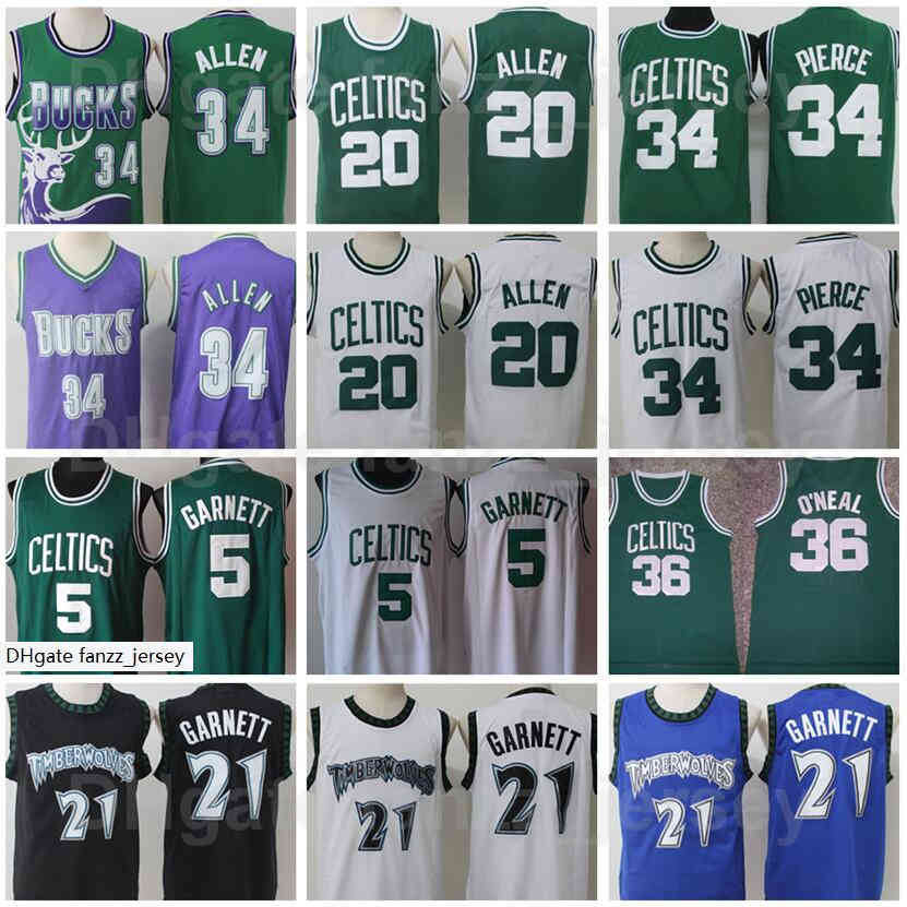 

Vinatge Basketball Kevin Garnett Jersey 5 21 Paul Pierce 34 Ray Allen 20 Retro Embroidery And Stitching Green Black White Blue Team Color, 5 white