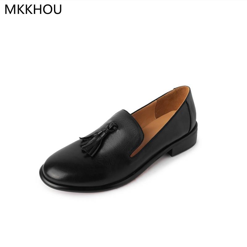 

Dress Shoes MKKHOU Fashion Single Women's High-Quality Cowhide Simple Round Head Tassel Low-Heel Pink Loafers Casual All-Match, Black