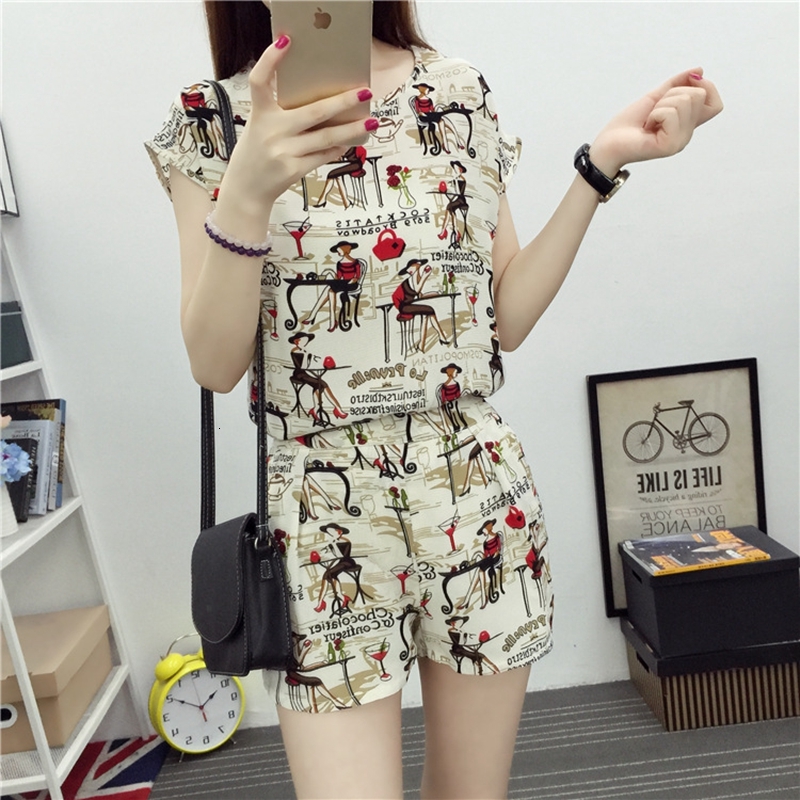 

2021 New Sleeve Shirt Short Pants Sport Suit Slim Print Set Summer Casual Fashion Beach Two Piece Outfits for Women O3mi, Black