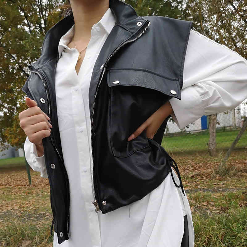 

Forefair Autumn Winter Fashion Faux PU Lether Women Jackets Oversized Streetwear Big Pocket Female Casual Cardigan Coat, Black