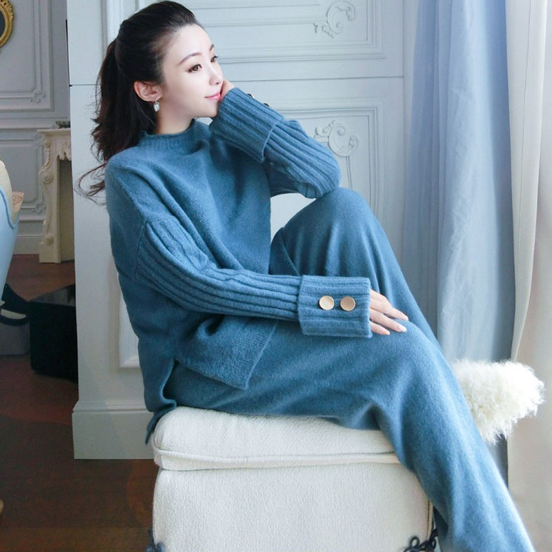 

Autumn Winter Women Sweater Set Casual Knitted Sweaters Pants 2PCS Track Suits Trousers+Jumpers Top Knitting Clothing s 210525, Suit