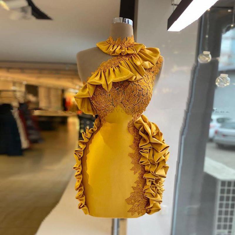 

Fashion Yellow Evening Dresses Mini Short Lace Prom Dress Custom Made Ruffles Satin Applique Formal Party Gowns Robe De Mariée, Beige