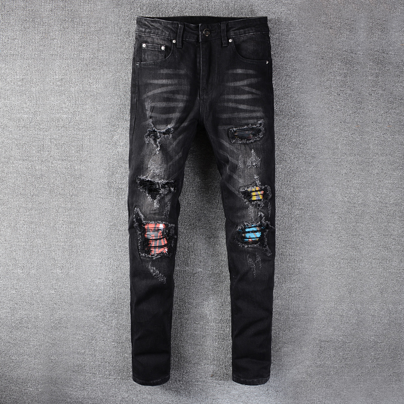 

2021 New Newly Designer Fashion Black Slim Fit Destroyed Ripped Men Patchwork Pencil Pants Streetwear Hip Hop Jeans Homme N37m