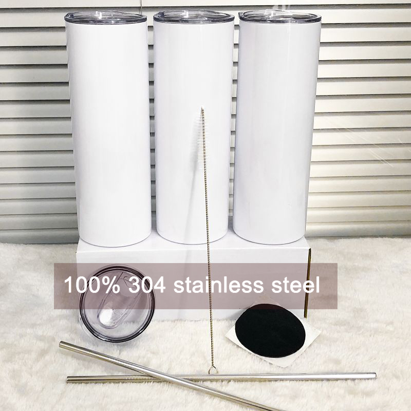 

20oz DIY Sublimation Straight Tumbler With Straw 100% 304 stainless steel Coaster And Straw Brush Doubel Wall, White