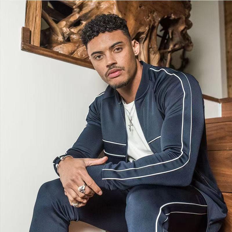 

European and American new sports and leisure suit men's slim fit spring autumn fitness running wear zipper jacket, Black