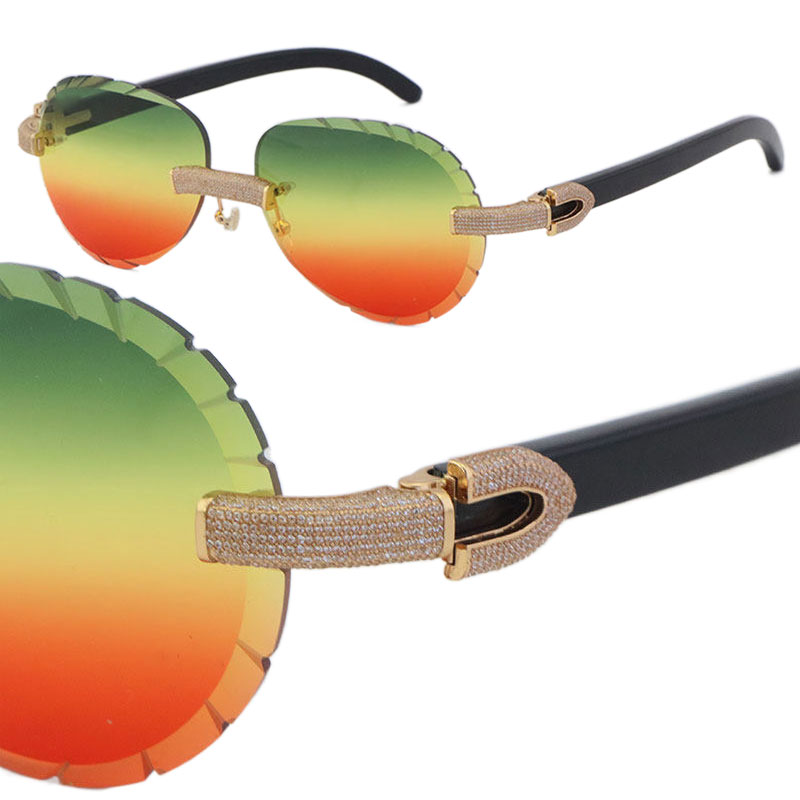 

Rimless Womens Men Sunglasses Original Black Buffalo Horn Sun glasses Oversized Round Male and Female Frame With Oval Shape Face Lens Micro-paved Diamond Set Optical