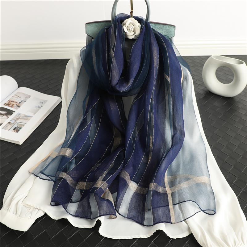 

Berets Luxury Striped Women Thin Silk Wool Scarf Hijabs Female Foulard Soft Shawl Wrap Lady Long Beach Stoles Headbands, Blue;gray