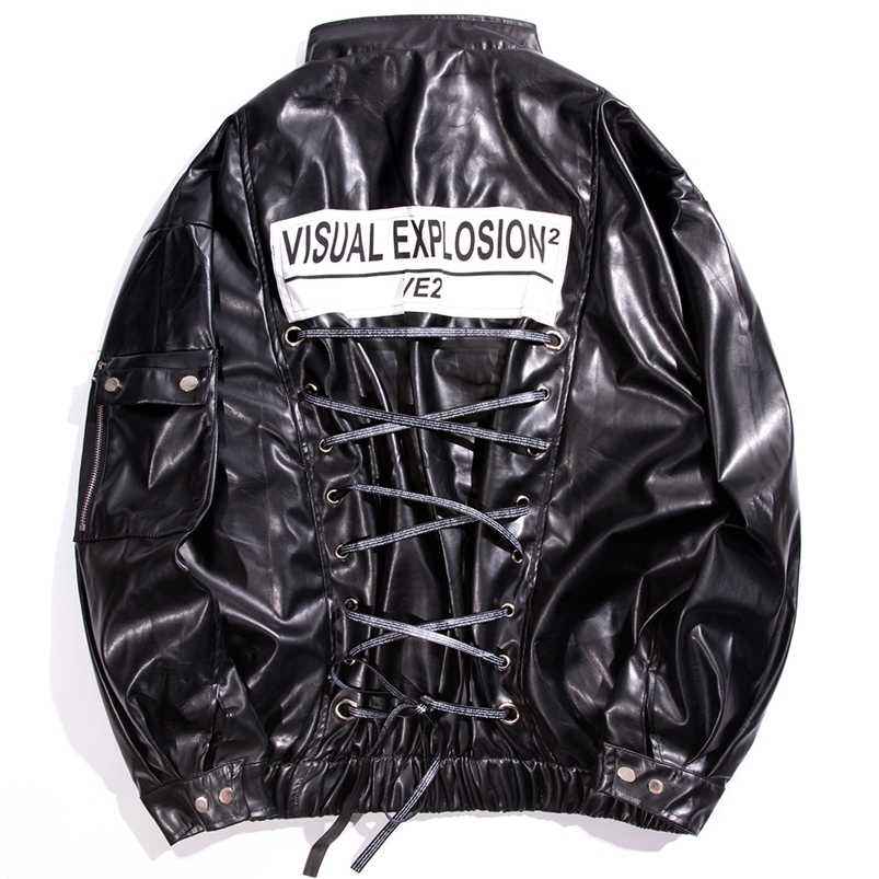 

LACIBLE Punk Bandage Leather Bomber Jacket Coat Mens Hip Hop Streetwear Autumn Spring Faux Leather Zipper Overcoat Windbreaker 211111, Silver