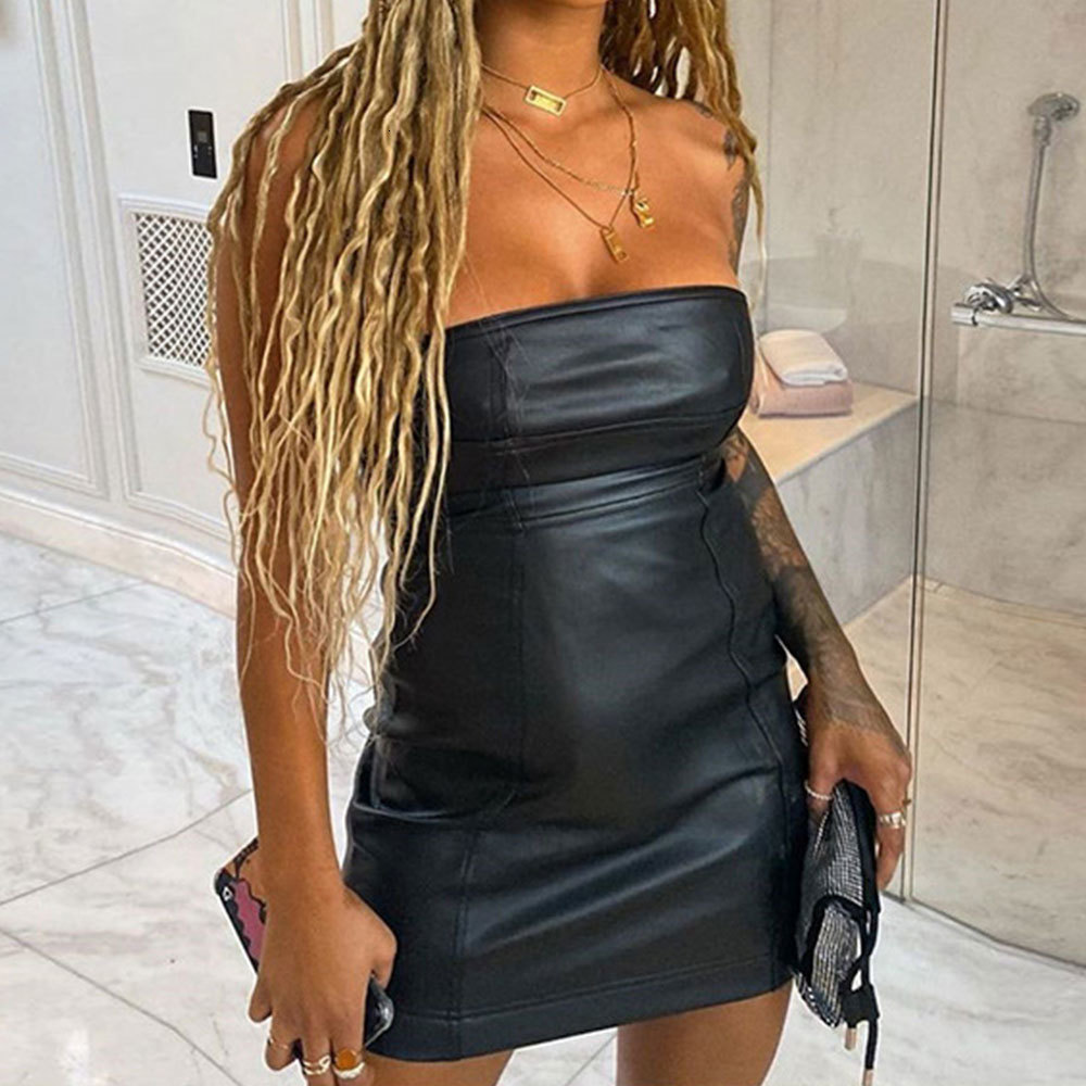

New Women 2021 Summer Elegant Pu Leather Sexy Off Shoulder Strapless Sleeveless Slim Bodycon Party Club Mini Es 4qfd, Black