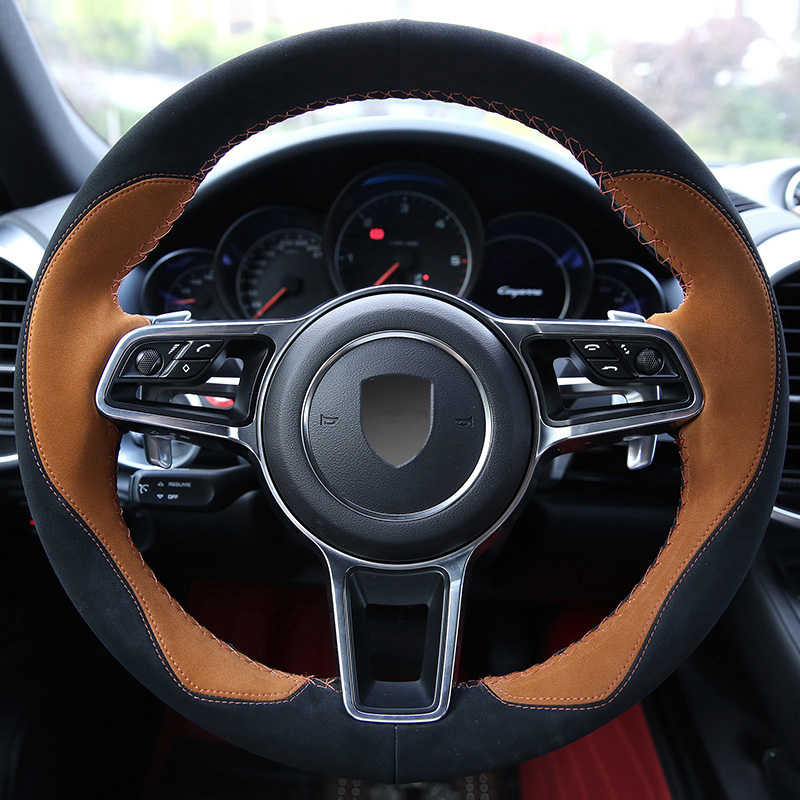 

DIY custom hand-stitched leather suede steering wheel cover For Porsche Cayenne macan Panamera modified interior car accessories