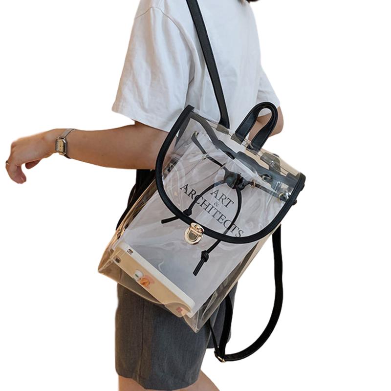 

PVC Clear Backpack Women Transparent See Through Drawstring Bag for College Work Stadium Travel Female Fashion Tote, Black