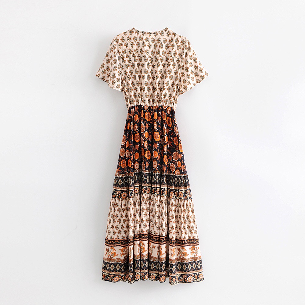 

Bohemia Open Button V neck Floral print Dress Blue Red Summer Ethnic Woman Short Sleeve Tassel Strappy Maxi Long Dresses