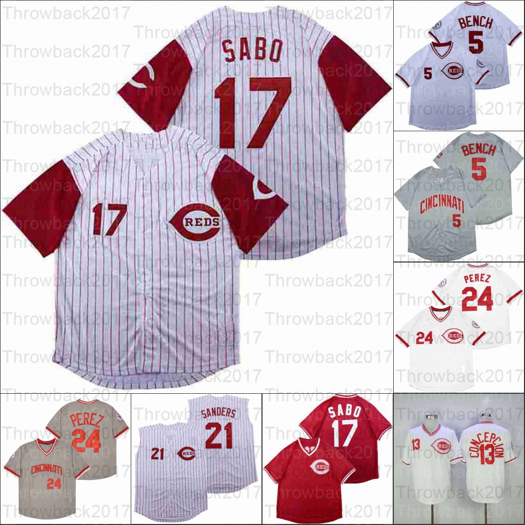 

Retro Baseball 1969 and 1976 Home Jersey 13 CONCEPCION 5 BENCH 24 PEREZ 17 SABO 21 SANDERS, As photo