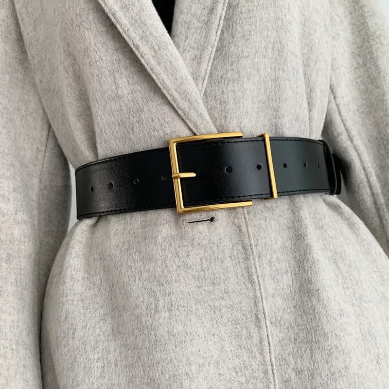 

Belts 2022 Women Fashion Wide Belt Vintage Gold Square Metal Pin Buckle Black PU Leather Waist Strap Coat Dress Simple Waistband, Black;brown
