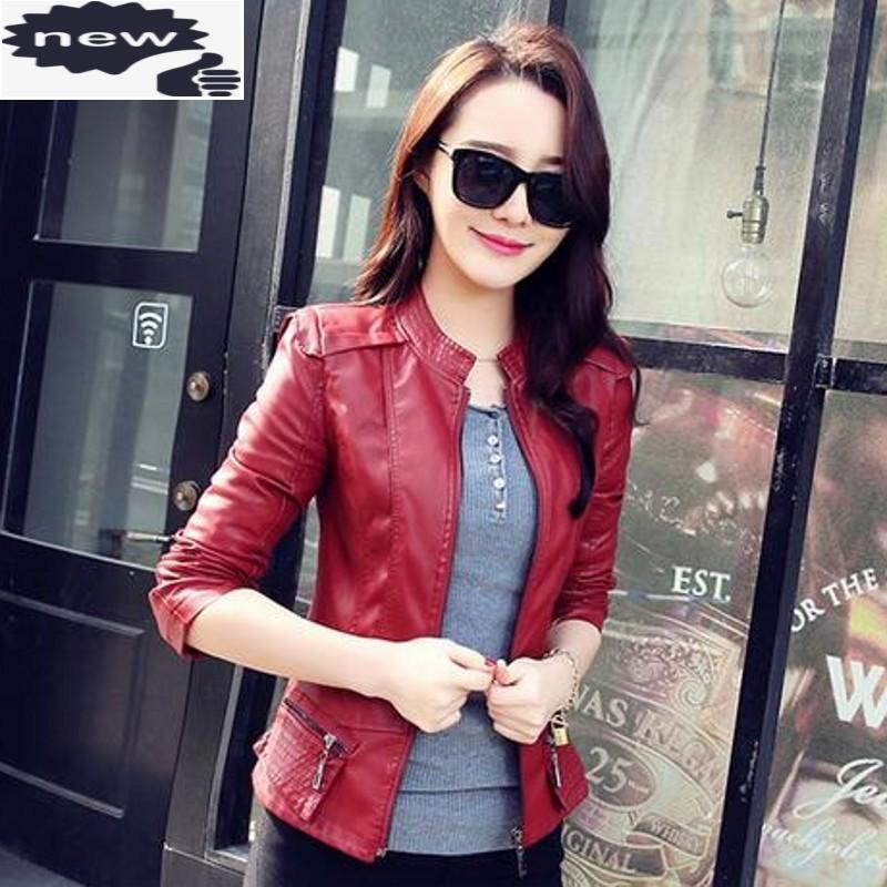 

Autumn New Motorcycle Womens Faux Leather Jackets Fashion Slim Fit Stand Collar Long Sleeve Zipper Korean Female Short Coats, Black