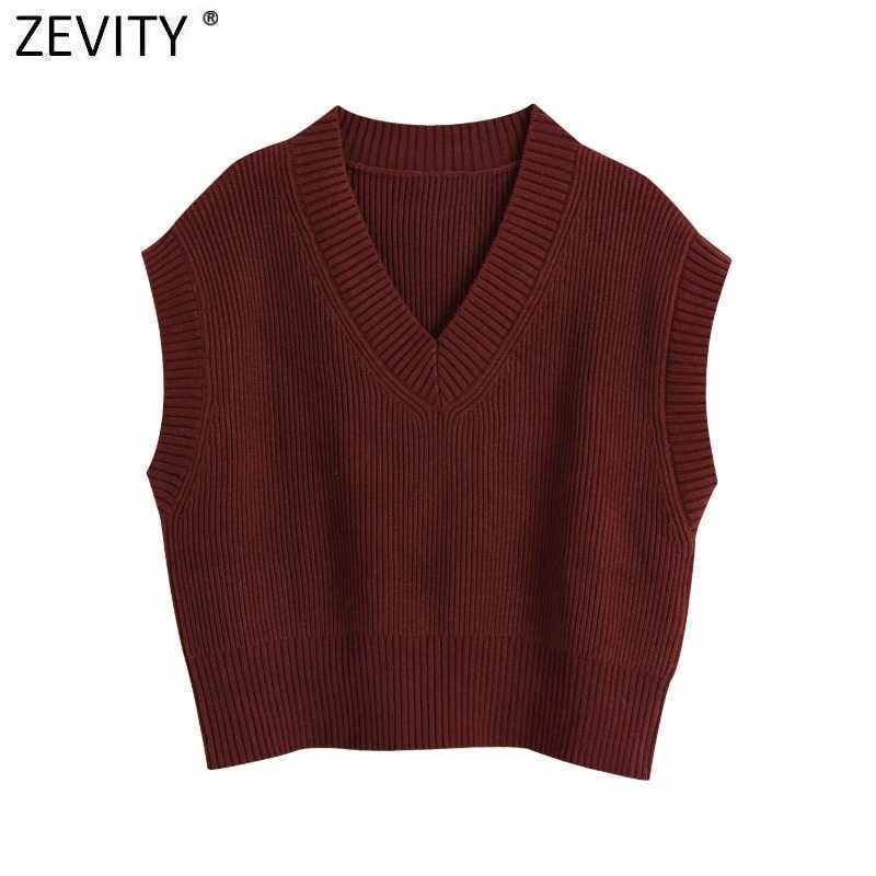 

Zevity Spring Women Fashion V Neck Solid Color Casual Sleeveless Vest Knitting Sweater Chic Lady Leisure Wine Red Tops S562 210603, As pic s562bb