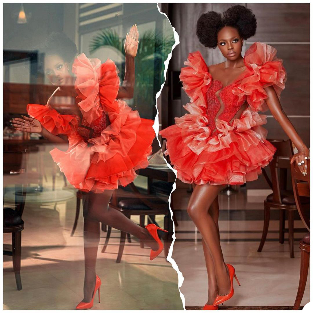 

Bright Orange Sequins Evening Dress Sexy V Neck Tiered Ruffles Short Sleeve Mini Party Gowns Red Carpet Fashion Prom Formal Wear
