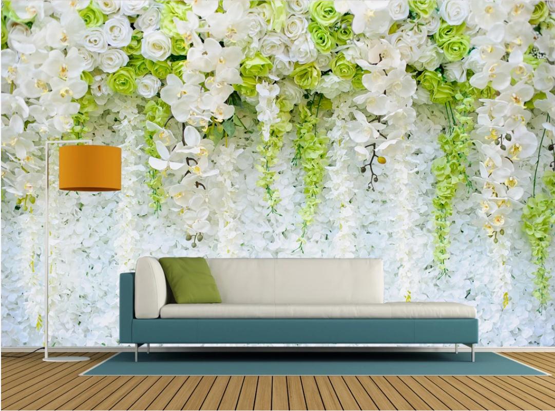 

Modern 3d stereoscopic wallpaper fresh hand-painted flower white rose wallpapers background wall decoration painting, Green