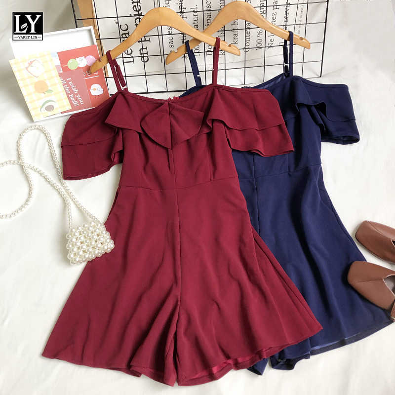 

LY VAREY LIN Summer Sweet Female Pink Wide Leg Shorts Women Casual High Waist Ruffles Solid Color Suspender Jumpsuit 210526, Black